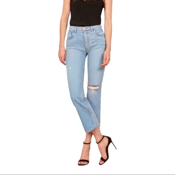 Reformation Denim - Reformation Danny Mid Relax Distressed Straight Leg Skye Denim Wash Jeans